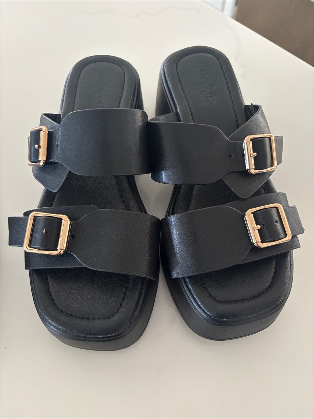 Charlotte Russe Black Double-Buckle Slide Sandals with Gold Buckles